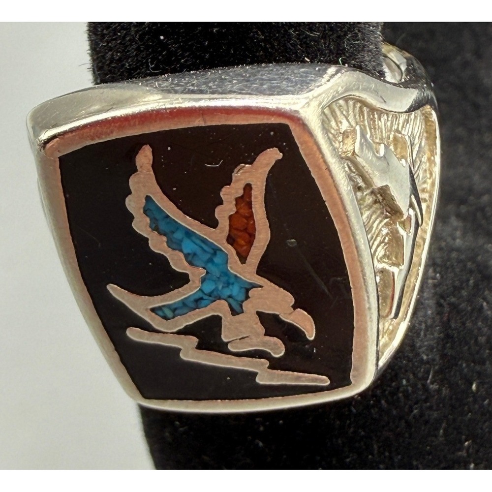 Vintage CO 85 Eagle Thunderbird Inlay Signet Ring Silver Tone Black Size 6.5 - Picture 7 of 10